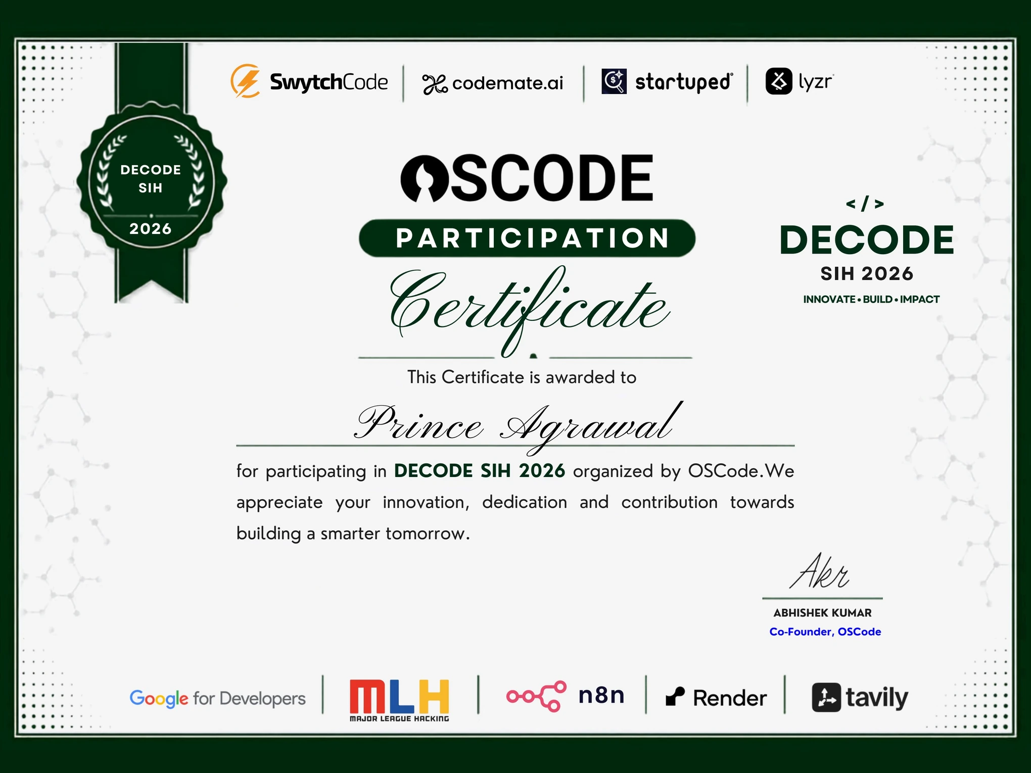 Certificate of participation in Decode SIH 2026, organised by OSCode, awarded to Prince Agrawal.