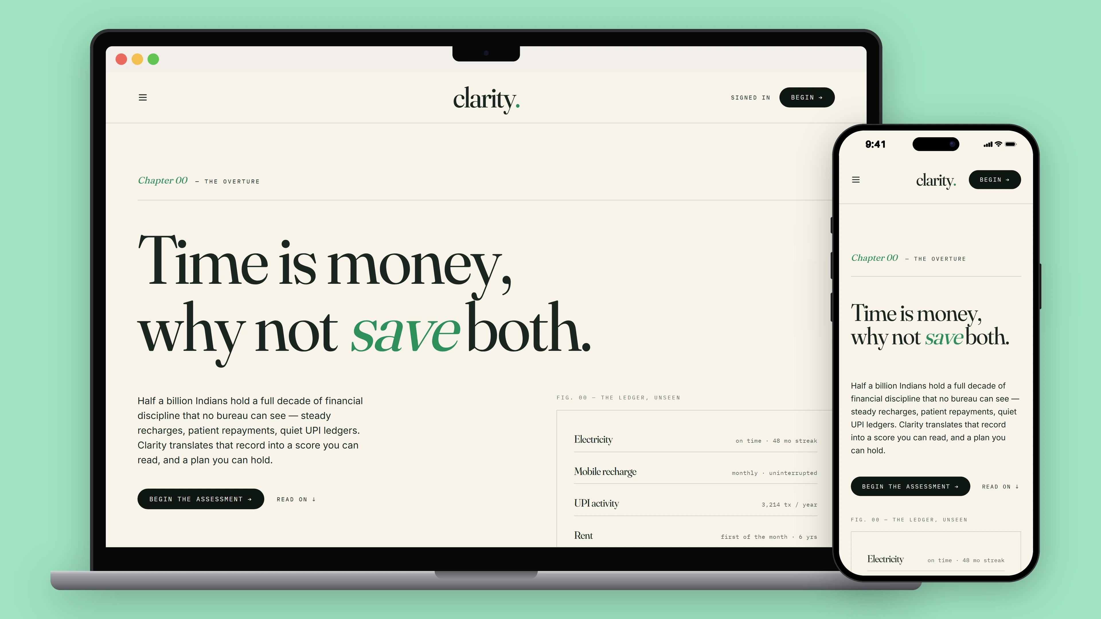 Clarity’s opening chapter, “Time is money, why not save both”, on a laptop, beside its live score on a phone.