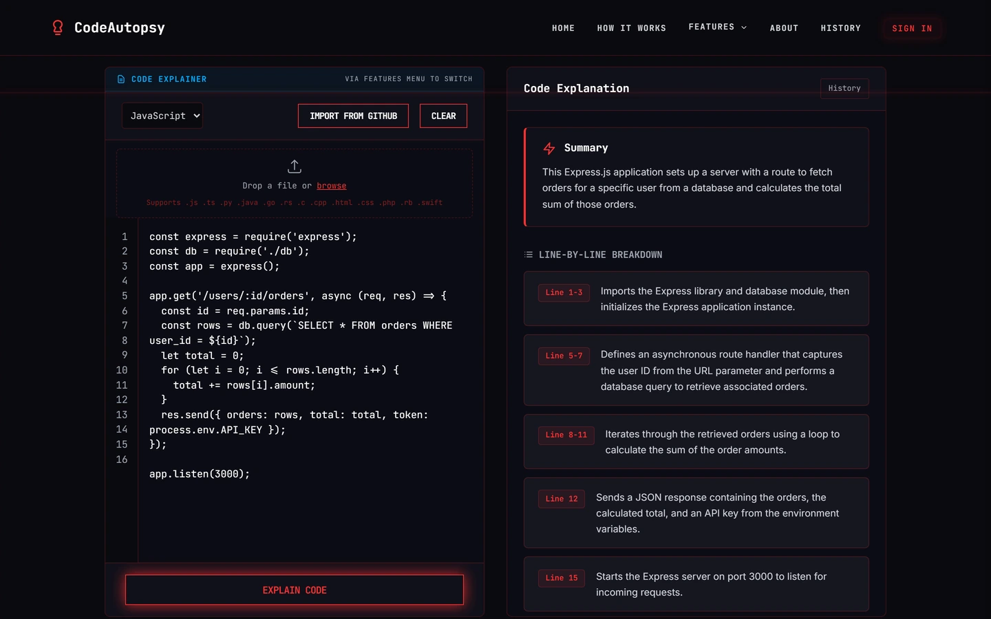 CodeAutopsy’s Code Explainer: a summary and a line-by-line breakdown of the same code.