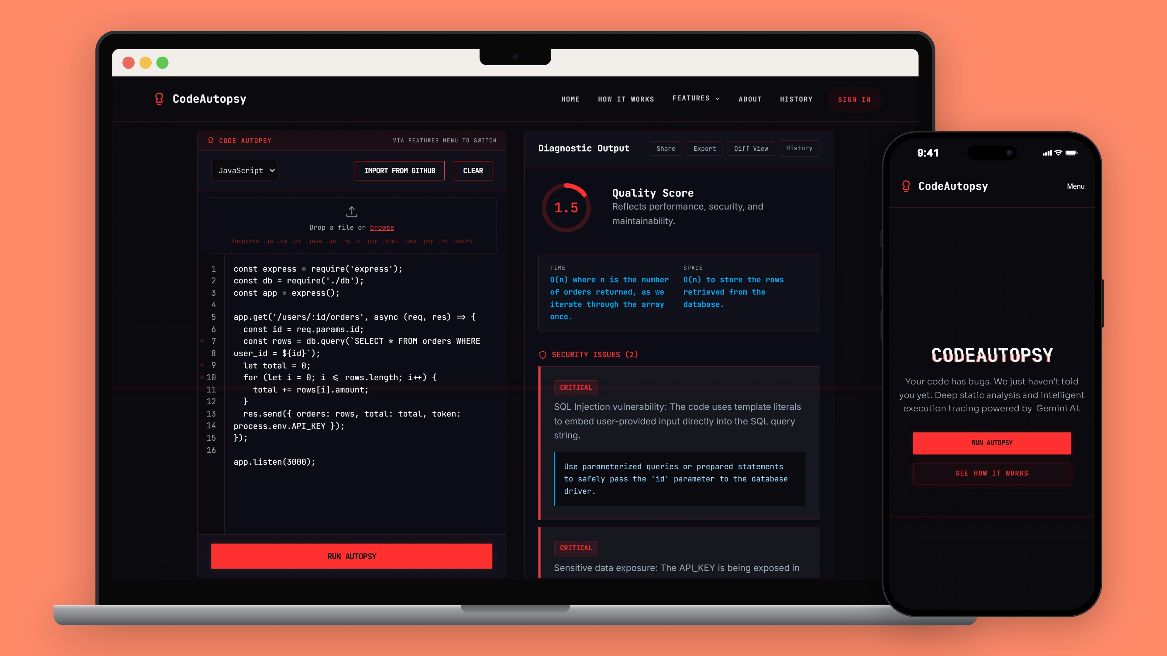 CodeAutopsy on a laptop, reviewing an Express route with a quality score of 1.5 and two critical security issues, beside its landing page on a phone.