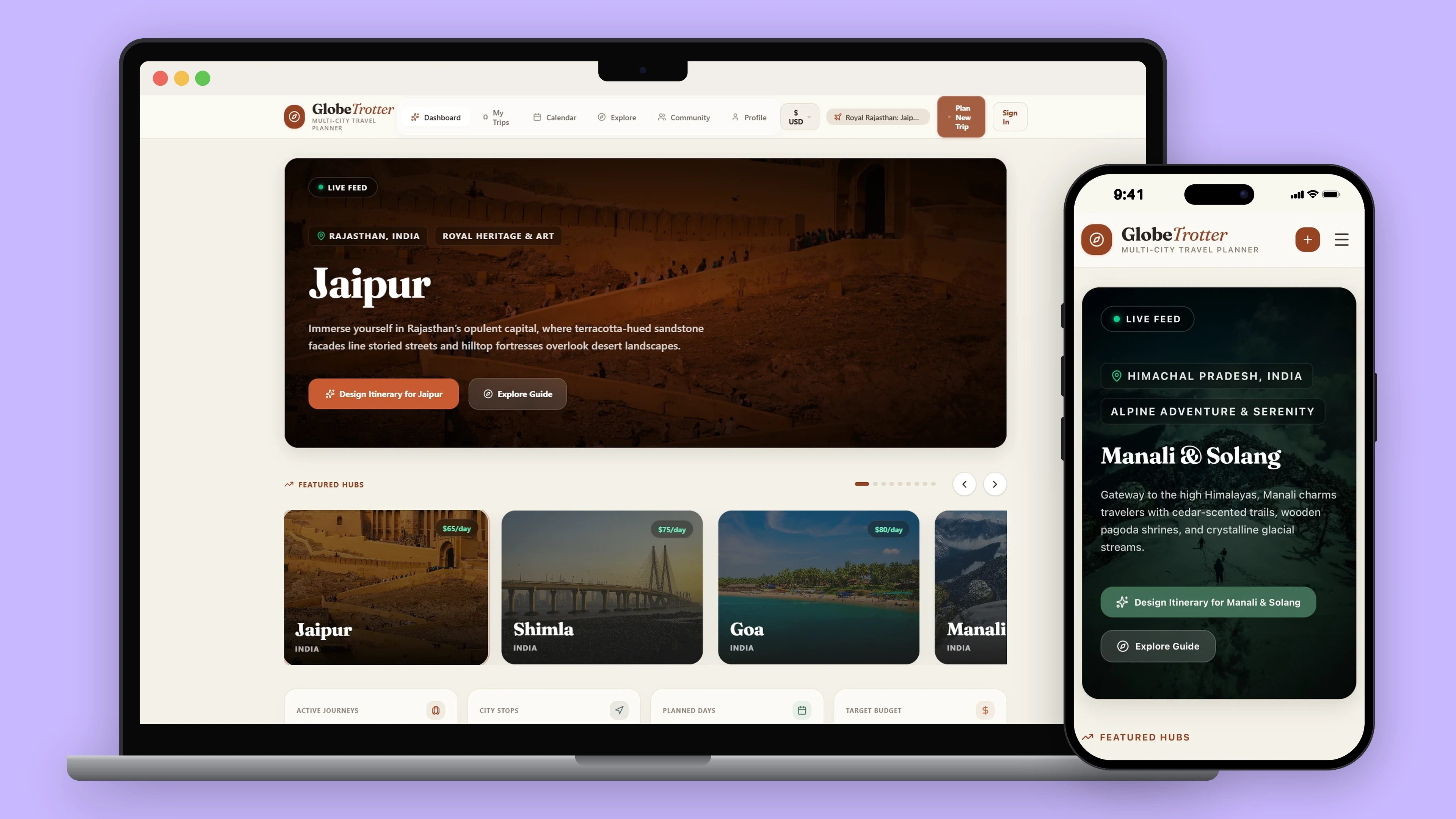 GlobeTrotter on a laptop, its dashboard featuring Jaipur above the featured hubs, beside the Manali and Solang page on a phone.