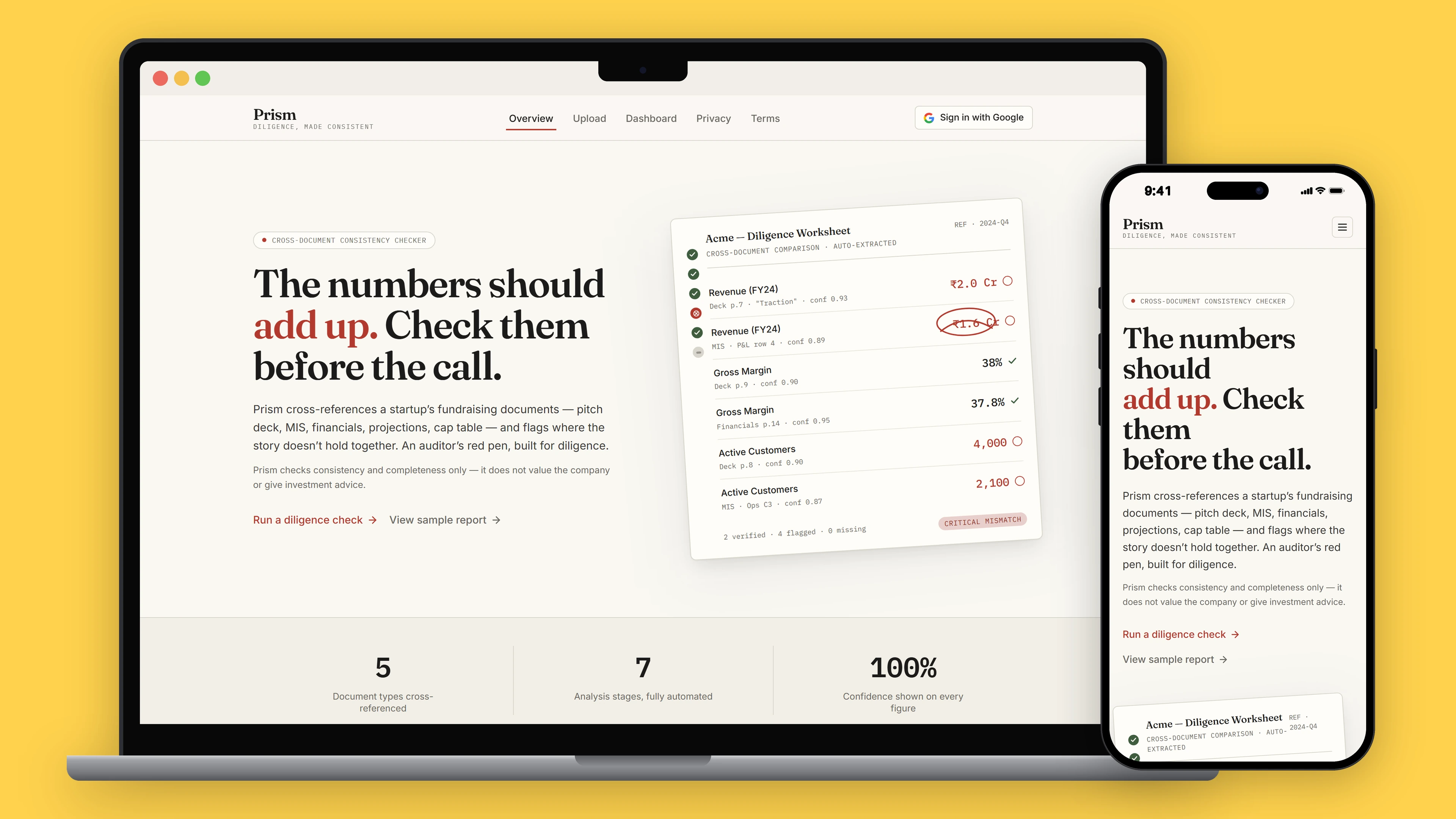 Prism’s landing page, “The numbers should add up”, on a laptop, beside the same page on a phone.